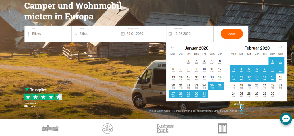 "Indie Campers" im Test: Das Formular zum Camper suchen