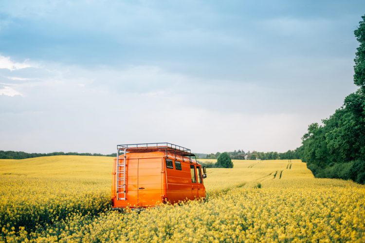 Ein Camper von PaulCamper im Rapsfeld