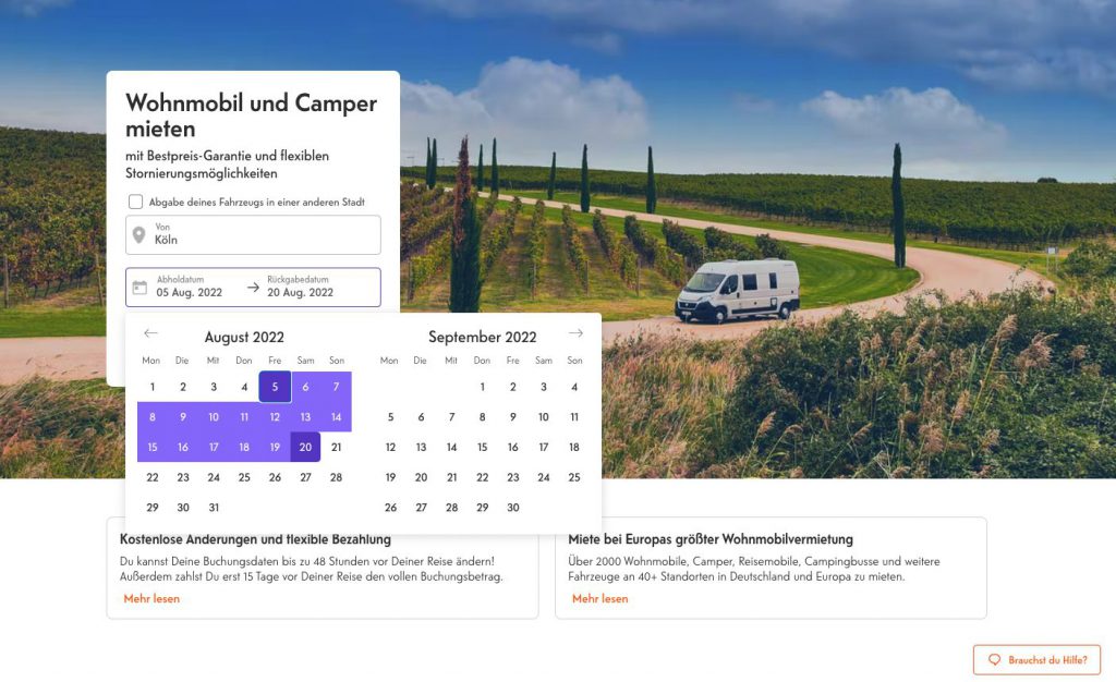 Indie Campers im Test: Über die Kalenderfunktion auf der Startseite lassen sich verfügbare Camper finden